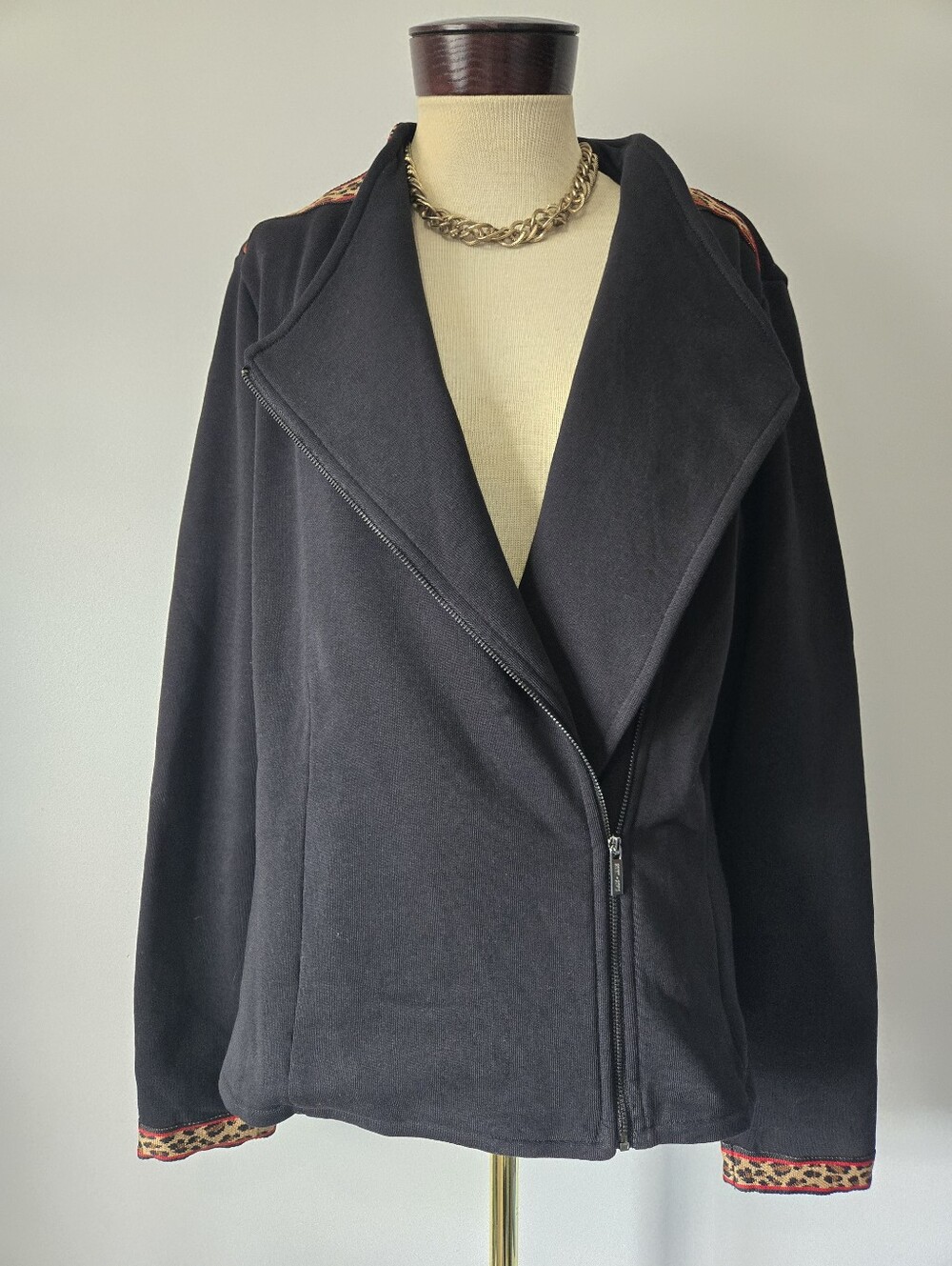 Saint + Sofia  Zip-Front Cotton Biker Jacket With Leopard Trim. Size 12